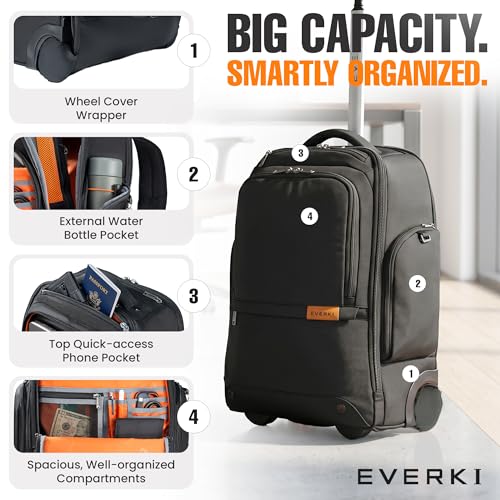 EVERKI Wheeled 123 Laptop Rolling Backpack for Men & Women, Black - 32L - size: Wheeled 123 Laptop Backpack - 32L