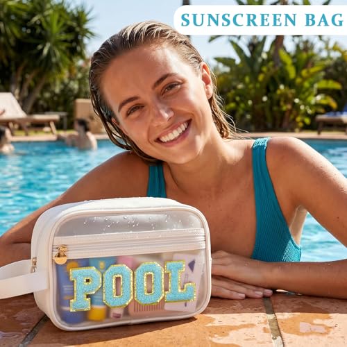 COSHAYSOO Clear POOL Makeup Bag Small Travel Pouch for Women Teenager Girls Pool Accessories Stuff Organizer Preppy Chenille Letter Patch Summer Girly Things - color: White-POOL