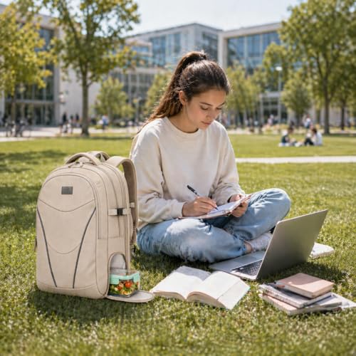 MATEIN HER Work Laptop Backpack for Women with Lunch Box Compartment, Khaki | Meal Prep Bag, Water Resistant, with Water Bottle Holder, 17.3'' Notebook, Teacher Nurse Lunchbox Backpack for Travel Commute - color: Khaki