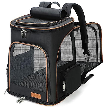 Lekereise Cat Backpack Carrier for Small Dogs and Medium Cat Puppy Kitten Bunny Pet Carrier Backpack Collapsible with Fully Ventilated Mesh with Safety Leash(Black) - color: Black, size: 24.4"L x 14"W x 16.2"H