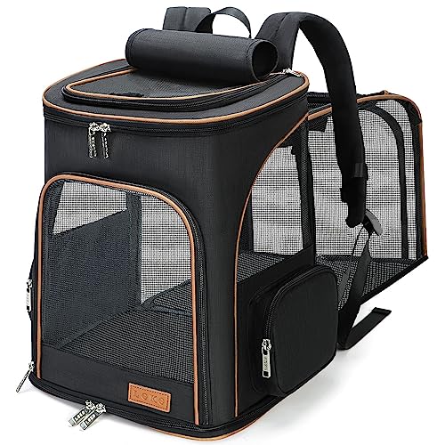 Lekereise Cat Backpack Carrier for Small Dogs and Medium Cat Puppy Kitten Bunny Pet Carrier Backpack Collapsible with Fully Ventilated Mesh with Safety Leash(Black) - color: Black, size: 24.4"L x 14"W x 16.2"H
