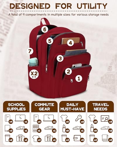 Backpack for Middle High School Teen Boys Girls Large College Bookbag with Laptop Compartment Back to School Book Bags Mochilas Escolares para Niños Niñas Adolescentes (Dark Red, Solid) - color: Dark Red