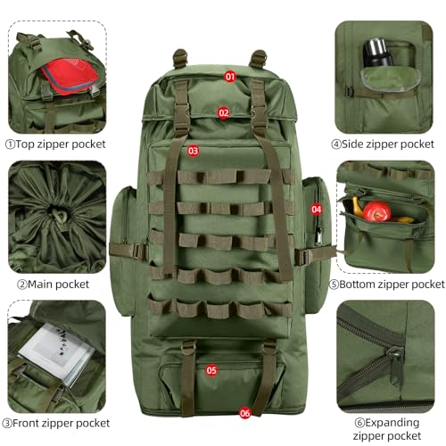 70L/100L Camping Hiking Backpack with Rain Cover, Expandable Large Military Tactical Backpack, Waterproof Molle Racksack Travel Backpacking Daypack for Climbing Trekking (Green) - color: Green