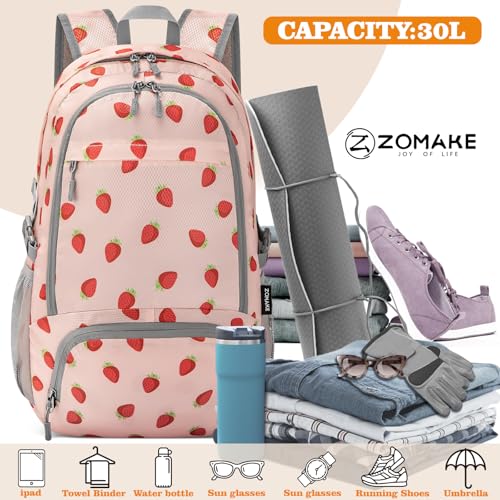 ZOMAKE Lightweight Packable Backpack 30L, Foldable Hiking Backpacks Water Resistant Compact Folding Daypack for Travel(Strawberry print) - color: Strawberry Print