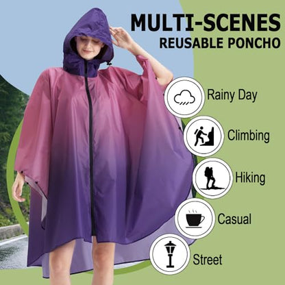 Fashion Hooded Rain Poncho Waterproof Raincoat Jacket with pocket for Women/Men/Adult - color: Gradient Pink/Purple