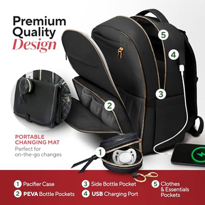 Large PU Leather Diaper Bag Backpack Set (3-Piece) – Baby Bag with Large Changing Pad, Insulated Warm/Cool Bottle Pockets Organization, Newborn Essentials Travel Gift for Mom & Dad, Best Baby Shower