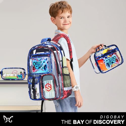 DIGOBAY 3PCS Cool Luminous Clear Backpack for Boys Kids, Gamer Clear Bookbag for School, See Through PVC Transparent Backpacks with Lunch Bag Pencil Case, Backpack Heavy Duty for School Stadium - color: Red-blue Lightning