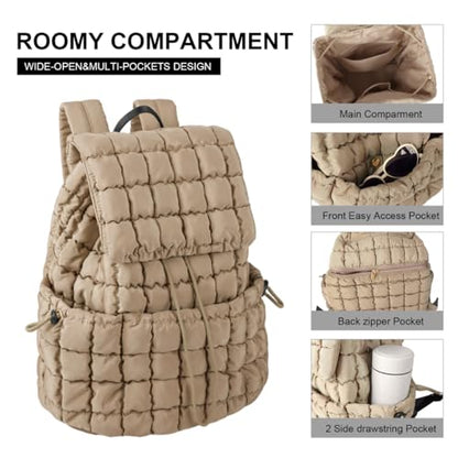 XSUIOY Quilted Backpack Purse for Women Small Lightweight Puffer Puffy College Laptop Backpack Nylon Casual Bookbag Daypack Top Flap Drawstring Padding Hiker Travel Gym Backpack(Khaki) - color: Khaki