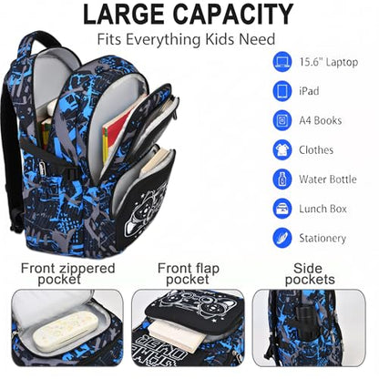 3PCS Kids Backpack Set, School Backpack with Lunch Bag & Pencil Case, Lightweight Waterproof Bookbag for Kids (Gamer Black Blue) - color: Gamer Black Blue