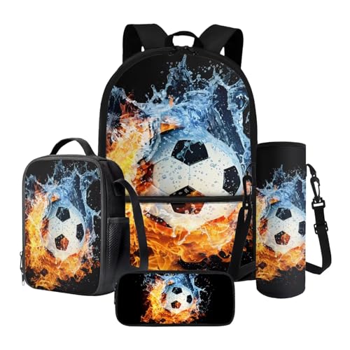 Soccer Water Flame 4-in-1 Backpack Set for Kids Multifunctional School Bag Set Reusable Daypack Casual Rucksack with Lunch Box Pencil Case Water Bottle Sleeve - color: Soccer Water Flame