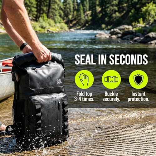 Greencity 100% Waterproof Roll-Top Dry Bag Backpack with Front Splash-Proof Pocket, Lightweight Floating Pack for Kayaking, Hiking & Travel,35L (Black) - color: Black