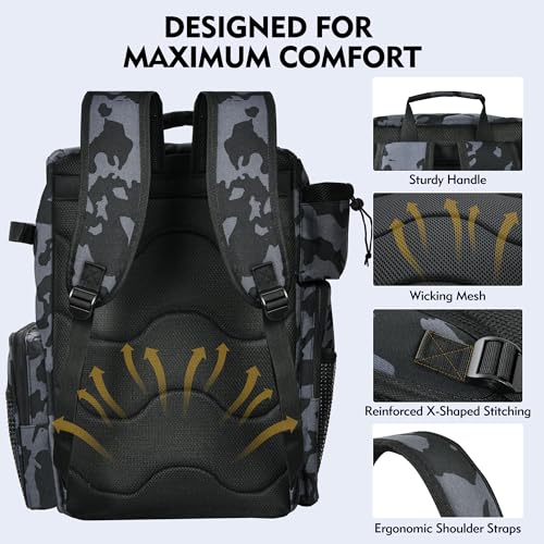 MGB 46L Fishing Tackle Backpack with 2 Rod Holders & YKK Zipper Storage Fishing Gear and Equipment, Gifts for Men Father - color: Blue+Black Camo（without Tackle Box）