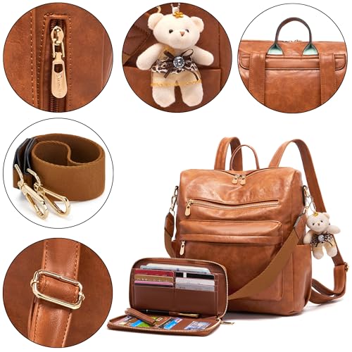 Soperwillton Women Backpack Purse Multipurpose Design Handbags Shoulder Bag PU Leather Travel bag Backpack Set 2pcs - color: Brown