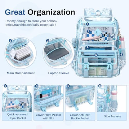 Sisipoet Clear Backpack for School, PVC Clear Bookbag Heavy Duty Transparent Backpack for Stadium Events See Through Bag - color: Blue Flower