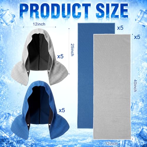 Honoson 20 Pcs12x25 Inch Cooling Hoodie Towel Bulk for Neck and Face 40x12 Inch Quick Dry Sweat Towels Instant Ice Cold Towel for Hot Weather Run Yoga Gym(Light Gray,Dark Blue) - color: Light Gray,dark Blue