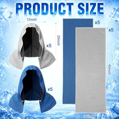 Honoson 20 Pcs12x25 Inch Cooling Hoodie Towel Bulk for Neck and Face 40x12 Inch Quick Dry Sweat Towels Instant Ice Cold Towel for Hot Weather Run Yoga Gym(Light Gray,Dark Blue) - color: Light Gray,dark Blue