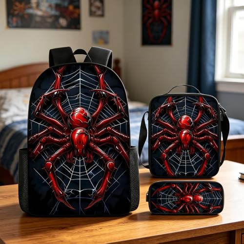 3 in 1 Spider Pattern, 17'' Large-Capacity Backpack Set With a Fashionable and Personalized Style is Exquisitely Designed and Widely Applicable, Making it an Ideal Choice(Red)
