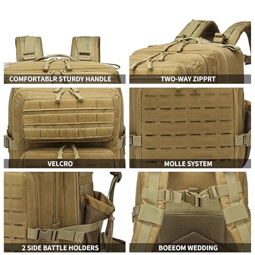 Military Tactical Backpack 45L/25L 3 Day Assault Pack Molle Daypack Hiking Backpack for Men and Women - color: Khaki-2, size: 45L