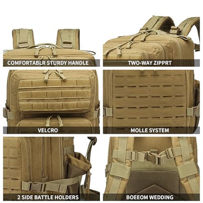 Military Tactical Backpack 45L/25L 3 Day Assault Pack Molle Daypack Hiking Backpack for Men and Women - color: Khaki-2, size: 45L