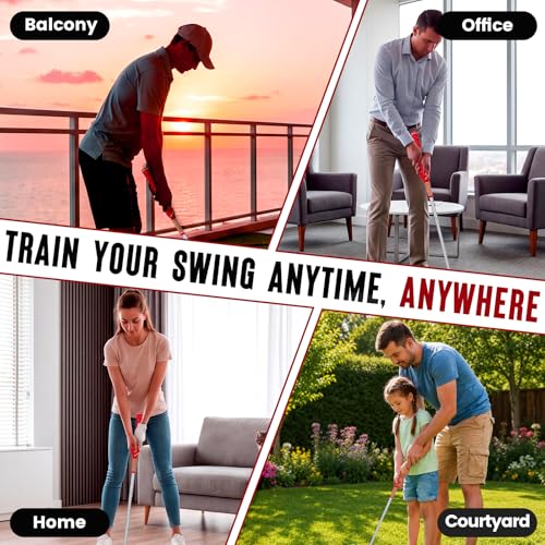 5-in-1 Golf Swing Trainer for Right-Handed Golfers with Click Feedback, Retractable Training Aid, Grip Trainer & Arm Band, Improve Tempo & Swing Path, Indoor Outdoor Practice - color: Red