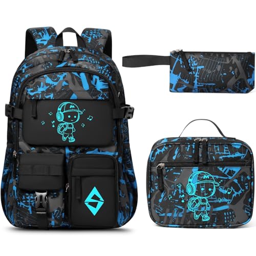 Fimibuke Backpack for School Boys, 3 PCS Cool Luminous Kids Backpacks with Lunch Box & Pencil Pouch, Toddler Teen Glow in The Dark Backpack Bookbag Schoolbag Set for Elementary to High School Students - color: Music