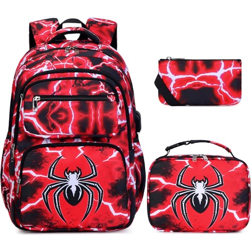 Bevalsa Backpack for Boys, Lightning School Bags with Lunch Bag & Pen Case for Kids, Bookbag for Boys Teens Elementary Middle High School - color: Red Spider