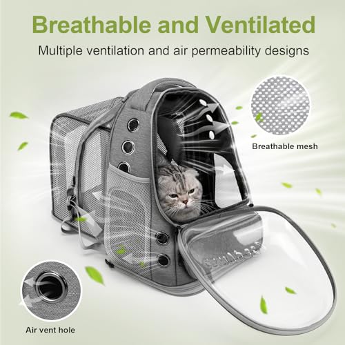Cawypety Expandable Cat Backpack,Cat Bubble Backpack Carrier for Carrying Cats, Pets and Small Dogs,Airline-Approved,Designed for Travel, Hiking, Walking,Car （Grey - color: Square Expandable- Grey