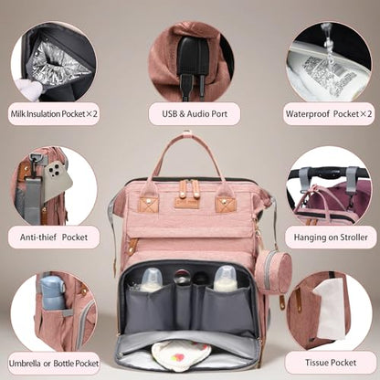 Diaper Bag Backpack with Changing Station, Waterproof for Travel, Pink - color: Pink