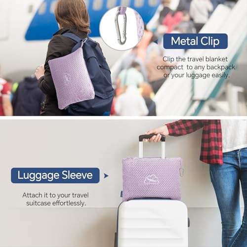 BEDELITE Travel Blanket with Bag, Ultra-Soft Jacquard Fleece Blanket with Luggage Sleeve & Backpack Clip, Airplane Blanket Travel Essentials, Lavender - color: Lavender