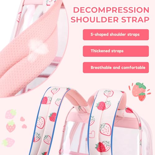 Sisipoet Clear Backpack for Girls with Strawberry Print, Heavy Duty Transparent Bookbag for School, Stadium, and Concert, Pink - color: Pink/Strawberry