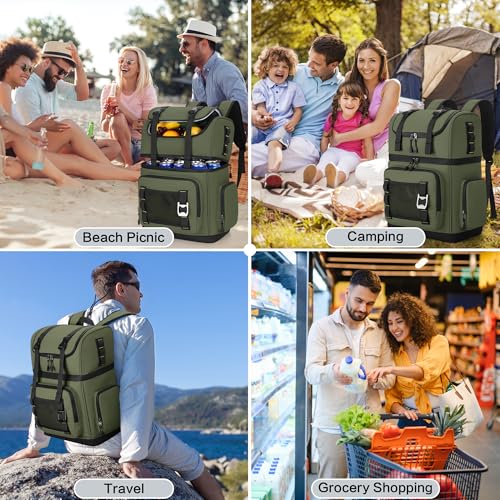 Large Waterproof Insulated Cooler Backpack for Men & Women, Double Decker Leak Proof Cooler Backpack for Beach, Camping, Picnic, Travel, 26L, 44Cans - color: Green
