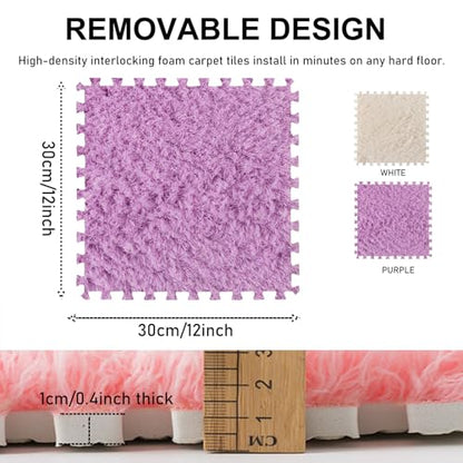 Thickened Plush Foam Interlocking Floor Carpet Mat,24 Piece 12x12in Fluffy Square Puzzle Foam Carpet Tiles with Edgings,Soft Anti-Slip Shaggy Area Rug Playmat(Color:Purple+White) - color: Purple+white