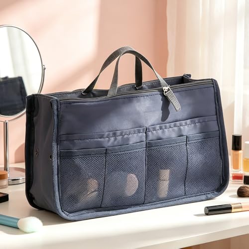 1 Piece Purse Organizer Insert, Foldable Bag in Bag Organizer, Multi-Pocket Tote Organizer, with Handheld Design, for Digital Accessories, Cosmetics (Navy Blue) - color: Navy Blue