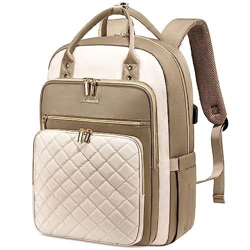 LOVEVOOK Laptop Backpack for Women, Water Resistant Travel Work Backpacks Purse Stylish College Business Teacher Nurse Computer Bag with USB Charging Port, Fits 15.6" Laptop - color: D-beige&khaki, size: 15.6-Inch