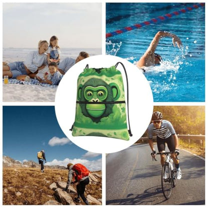 Green Clever Monkey Prints Drawstring Zipper Backpack Lightweight Sport Gym Bag Water-Resistant Travel Throw Cover for Men Women Teens