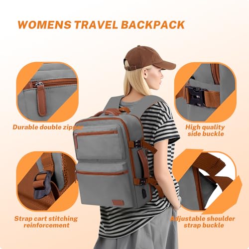 Expandable Travel Backpack Women Men with USB Charging Port, 15.6 Inch Laptop Backpack Waterproof Carry on Flight Approved for Travel Work Hiking College, Grey - color: Grey