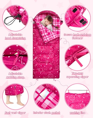 KingCamp 45°F Kids Sleeping Bag, Lightweight Waterproof & Compact Flannel Sleeping Bags Cold Weather & Warm Youth Essentials Gear Accessories for Camping, Fits 10-12 Children up to 4'7"-5'5" Tall - color: 8.6°F ~44.6°F RoseRed Left 4-in-1