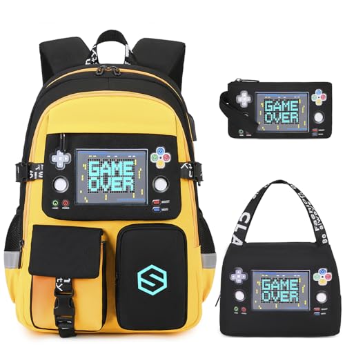 Scothen Boys Backpack, Cool Luminous School Backpacks for Boys with Lunch Bag Pencil Case, Kids Backpack Kindergarten Elementary Middle School Book Bags for Teen Boy Children with USB Charging Port - color: Yellow