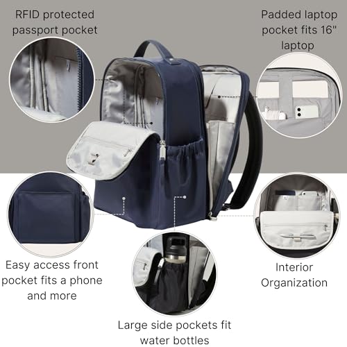 Baggallini Tribeca Expandable Laptop Backpack - 15"x11" Lightweight RFID Computer Bag for Work & Travel with Luggage Sleeve - color: French Navy Twill