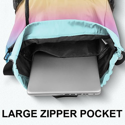 Drawstring Backpack with Mesh Pockets String Gym Bag Sackpack Sandproof Water Resistant Beach Backpack for Men Women - color: Gradient Rainbow