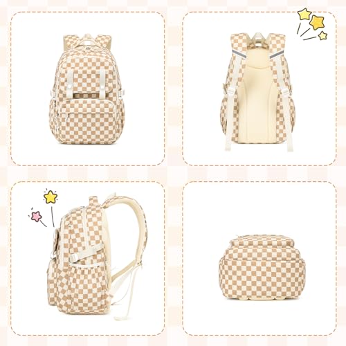 MUSEVOS Girls Backpack with Lunch Bag, Elementary Middle School Backpack, Large Capacity Kids Bookbag 3 Pcs Set - color: Khaki-3pcs-set