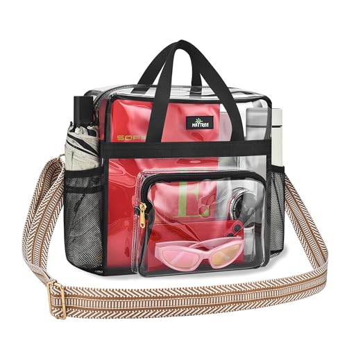 MAY TREE Clear Bag for Stadium Events, 12x6x16 Clear Tote Bag with Removable Strap, Transparent Bag for Concert Sports Gym, White & Beige-Strap - color: White & Beige-Strap