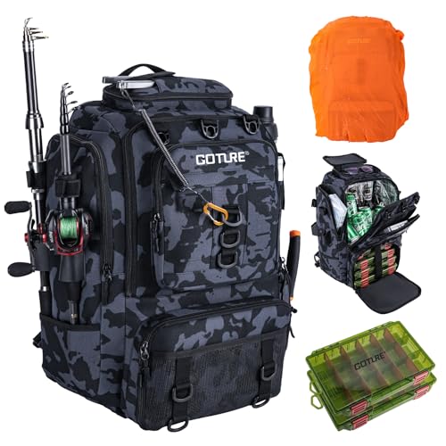 Goture 40L Fishing Tackle Backpack with Cooler and 2 3600 fishing tackle boxes, 900D Water-Resistant Tackle Backpack with Removable Bait Binder, 2 Rod Holders and Rain Cover,Camouflage backpack - color: Camouflage, size: C - Includes 2 3600 trays with han