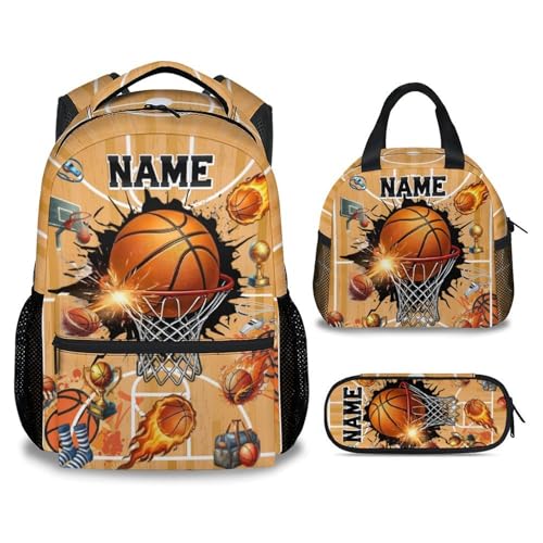 Boys Basketball Personalized Kids Backpack with Lunch Box Set for School - 17 Inch Sports School Bag for Children Teens Elementary Middle School Large Capacity Bookbag for Travel - color: Orange