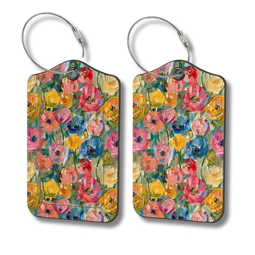 Luggage Tags for Suitcases, 2-Pack PU Leather for Cruise & Travel, Baggage ID Tags with Privacy Cover & Address Card, Durable Metal Ring, Kids Adults Travel Accessories, Impressionist Blooms - color: Impressionist Blooms