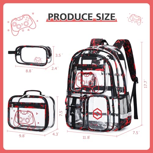 DIGOBAY 3PCS Cool Luminous Clear Backpack for Boys Kids, Gamer Clear Bookbag for School, See Through PVC Transparent Backpacks with Lunch Bag Pencil Case, Backpack Heavy Duty for School Stadium - color: Red Camo