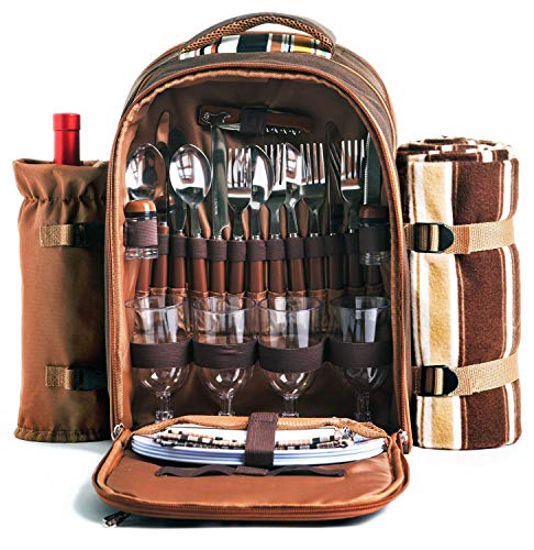 Hap Tim Picnic Backpack Bag for 4 Person with Cooler Compartment, Detachable Bottle/Wine Holder, Fleece Blanket, Plates and Cutlery Set Perfect for Outdoor, Sports, Hiking, Camping, BBQs(Coffee) - color: Coffee, size: 4 person