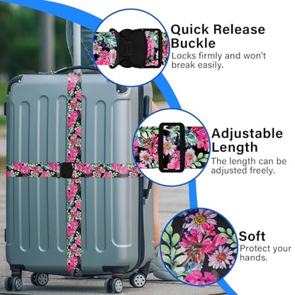 2 Pack Luggage Straps for Suitcases, Adjustable Travel Belt with Double Lock and Quick Release Buckle, Heavy Duty Nylon Bag Packing Strap, Bright Identifiers Business Travel Accessories-Pink Flowers - color: 24020 Pink Flowers