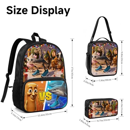 Zhazieon Adjustable Rucksack Lunch Bag Pencil Case Tung Tung Tung Sahur Backpacks 3pcs Set (Black-C3) - color: Black-c3