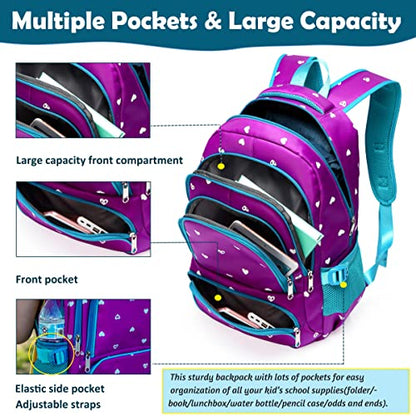 BLUEFAIRY Kids Backpack for Girls Primary Elementary School Bag Bookbag for Childs Book Bag Mochilas Escolares para Niñas de 4-6 Back to School Cute Gifts 17" Heart Print/Purple - color: Sky Blue / Purple